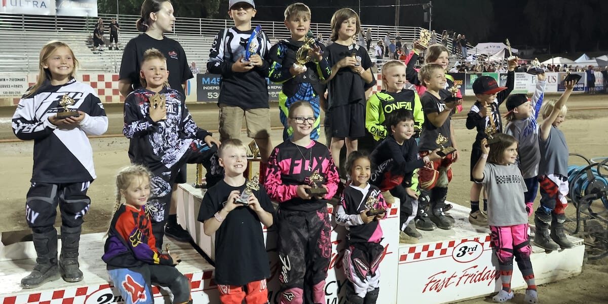 Twenty-five young riders pick up their trophies for competing in the Pee-Wee division. May 09 2025 - Michelob Ultra Speedway Season Opener.