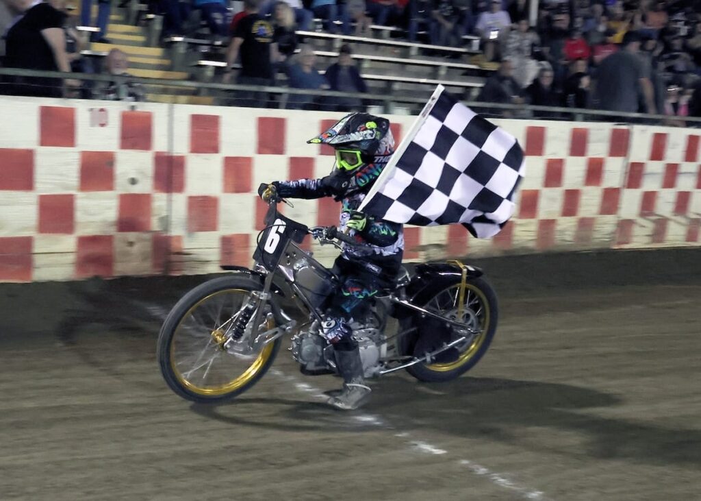 Logan Kerr picked up his first main event win of the season in the Youth 150cc D2 main event. May 23 2025 - Speedway & Extreme Sidecars Series Round 1.