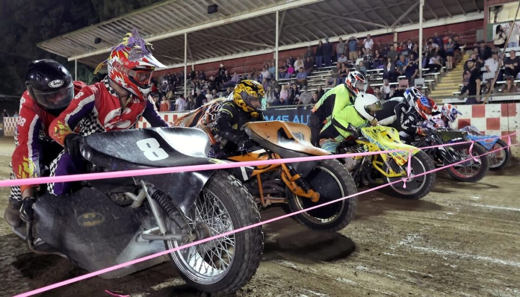 The start of the Extreme Sidecar main event. It was the first of five appearances of the sidecars this season at Fast Fridays. The team of Wade Boyd and Eric Lindauer (L) won the Extreme Sidecar main event. May 23 2025 - Speedway & Extreme Sidecars Series Round 1.
