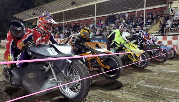 The start of the Extreme Sidecar main event. It was the first of five appearances of the sidecars this season at Fast Fridays. The team of Wade Boyd and Eric Lindauer (L) won the Extreme Sidecar main event. May 23 2025 - Speedway & Extreme Sidecars Series Round 1.