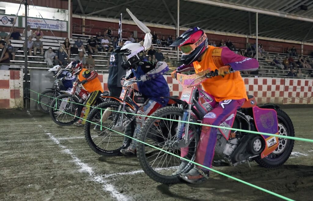 (L-R) Team Challenge riders Broc Nicol, Billy Janniro, Darren Armbruster and Russell Green start heat one of the Team Challenge second round. The score after round two was 18-18. May 30 2025 - More great racing at Fast Friday’s Motorcycle Speedway in Auburn CA.
