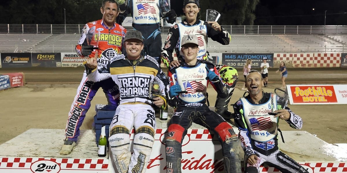 The North Team celebrates their 69-66 win over the South Team on the winner's podium Friday night. (Left-right sitting) Broc Nicol, Timmy Dion and Danny Faria (Left-right standing) Billy Janniro, Darren Armbruster and Bryan Yarrow. July 18 2025 - What a fantastic night of racing at Fast Fridays Motorcycle Speedway. The 34th North vs. Challenge was one that will be talked about for years to come.
