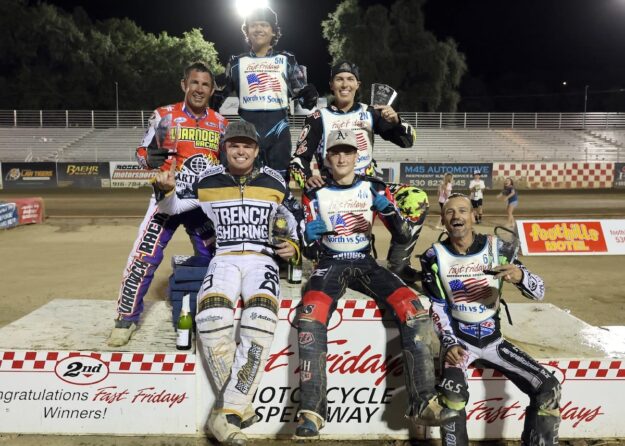 The North Team celebrates their 69-66 win over the South Team on the winner's podium Friday night. (Left-right sitting) Broc Nicol, Timmy Dion and Danny Faria (Left-right standing) Billy Janniro, Darren Armbruster and Bryan Yarrow. July 18 2025 - What a fantastic night of racing at Fast Fridays Motorcycle Speedway. The 34th North vs. Challenge was one that will be talked about for years to come.