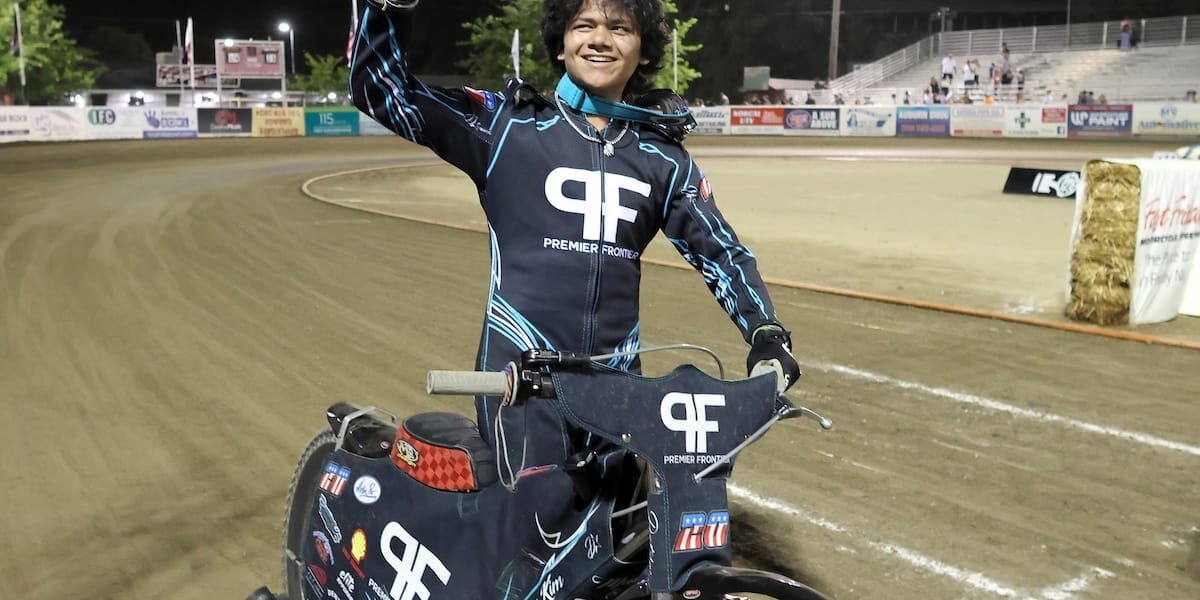 Darren Armbruster waves to the crowd after winning this year's 25-lap main event endurance contest at Fast Friday's. Armbruster 16, in his first season on a 500cc bike, is the youngest rider to win the event and was crowned Fast Friday's "Iron Man." June 27 2025 - Twenty-five lap handicap main event highlights.