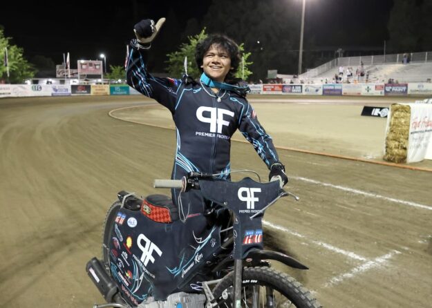 Darren Armbruster waves to the crowd after winning this year's 25-lap main event endurance contest at Fast Friday's. Armbruster 16, in his first season on a 500cc bike, is the youngest rider to win the event and was crowned Fast Friday's "Iron Man." June 27 2025 - Twenty-five lap handicap main event highlights.