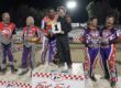 AMA Extreme Sidecar National Champions celebrate their wins Saturday night at Fast Friday's. Pictured are first place winners Billy Janniro and Johnny Glover, (center), second place finishers Wade Boyd and Eric Landauer (left) and third place finishers Joe Jones and Tom Summers (right). Aug 30 2025 - Another Outstanding Night of Championship Racing at Fast Fridays.