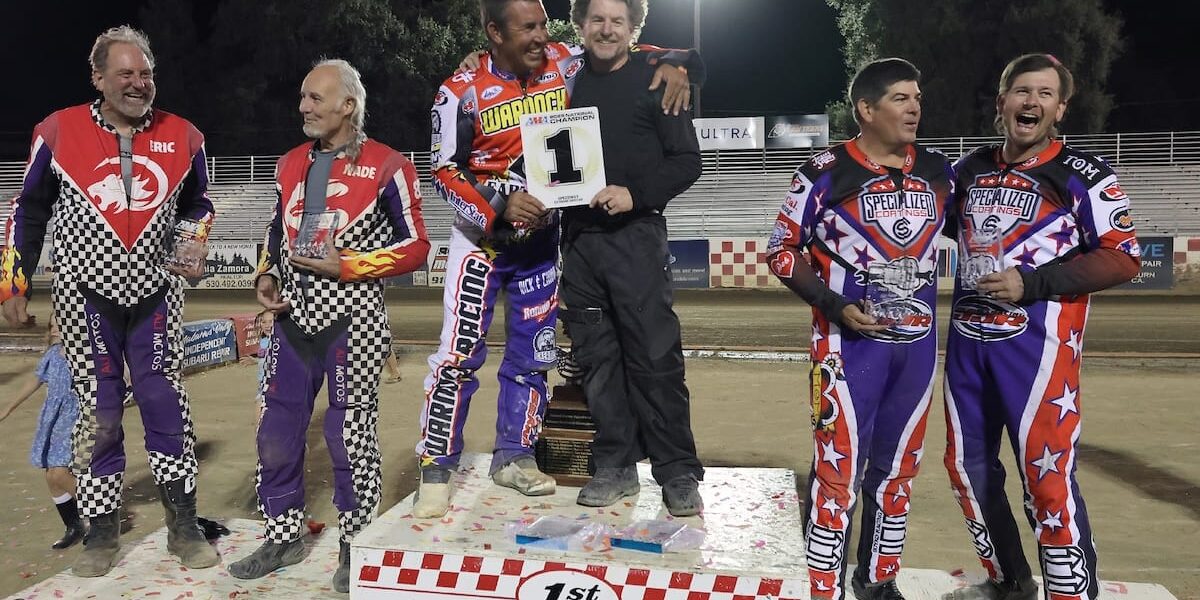 Aug 30 2025 – Another Outstanding Night of Championship Racing at Fast Fridays – 2633 Sidecar Podium AMA Extreme Sidecar National Champions celebrate their wins Saturday night at Fast Friday's. Pictured are first place winners Billy Janniro and Johnny Glover, (center), second place finishers Wade Boyd and Eric Landauer (left) and third place finishers Joe Jones and Tom Summers (right). Aug 30 2025 - Another Outstanding Night of Championship Racing at Fast Fridays.