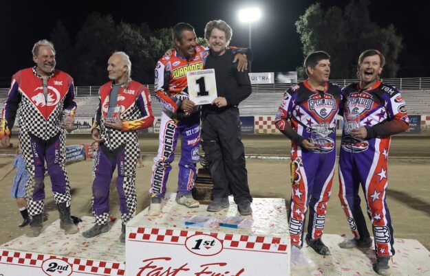AMA Extreme Sidecar National Champions celebrate their wins Saturday night at Fast Friday's. Pictured are first place winners Billy Janniro and Johnny Glover, (center), second place finishers Wade Boyd and Eric Landauer (left) and third place finishers Joe Jones and Tom Summers (right). Aug 30 2025 - Another Outstanding Night of Championship Racing at Fast Fridays.