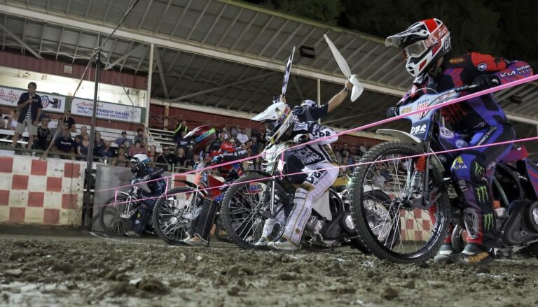 Racing in the scratch semi (left-right) Darren Armbruster, Timmy Dion, Broc Nicol and Wilbur Hancock. Nicol won the race and went on to win the scratch main event. Aug 8 2025 - Championship racing begins at Fast Friday’s Motorcycle Speedway in Auburn, CA.