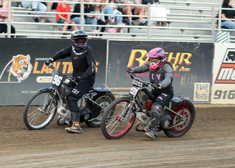 Justin Gist (left) and Baylee Evans Seeley (right) race in an early Youth 250cc D2 heat race. Gist went on to win the Youth 250cc D2 main event. July 25 2025 - Great racing is continuing at Fast Fridays in Auburn Ca.