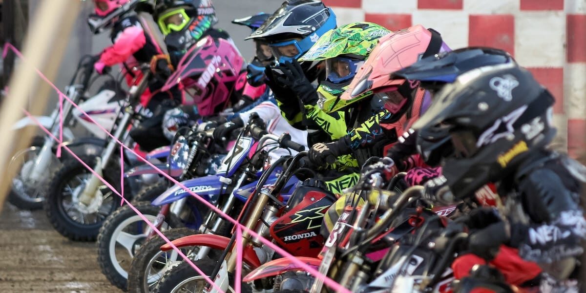 Looking fancy in their racing suits the pee-wees line up for a heat race. July 25 2025 - Great racing is continuing at Fast Fridays in Auburn Ca.