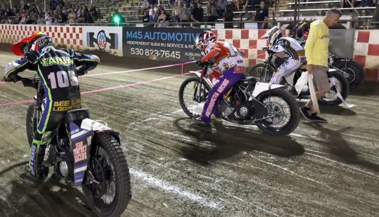 The start of the scratch main event. (left-right) Dan Faria, Billy Janniro, Broc Nicol and Timmy Dion. Nicol won the race and his sixth scratch main event this season. July 25 2025 - Great racing is continuing at Fast Fridays in Auburn Ca.
