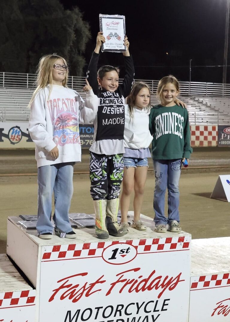 Ryder Faria celebrates his second Youth 150cc D3 main event win with Fast Friday's trophy girls. July 25 2025 - Great racing is continuing at Fast Fridays in Auburn Ca.