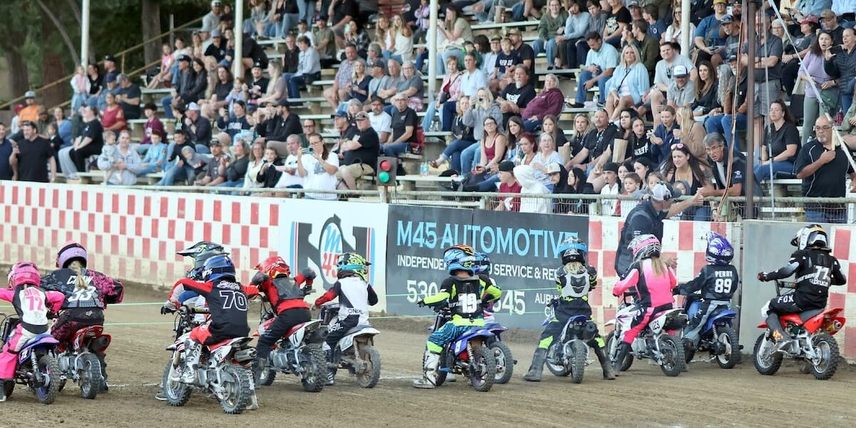 The ever-popular Pee-Wees line up for the start of one of their heat races Friday night. June 20 2025 - Greeting from Fast Fridays Motorcycle Speedway in Auburn Ca. Great racing in week seven of the 2025 season.