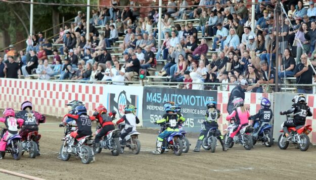 The ever-popular Pee-Wees line up for the start of one of their heat races Friday night. June 20 2025 - Greeting from Fast Fridays Motorcycle Speedway in Auburn Ca. Great racing in week seven of the 2025 season.