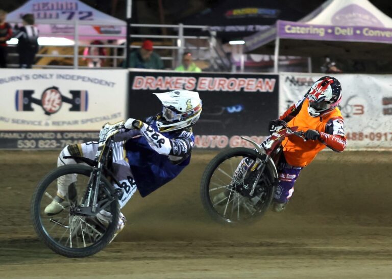 Team challenge riders Broc Nicol (left) and Billy Janniro (right) ride for their teams trying to score points in round three. Team Law Tigers pulled ahead of Team IFC Financial leaving the score 28-26 going into round four. June 20 2025 - Greeting from Fast Fridays Motorcycle Speedway in Auburn Ca. Great racing in week seven of the 2025 season.
