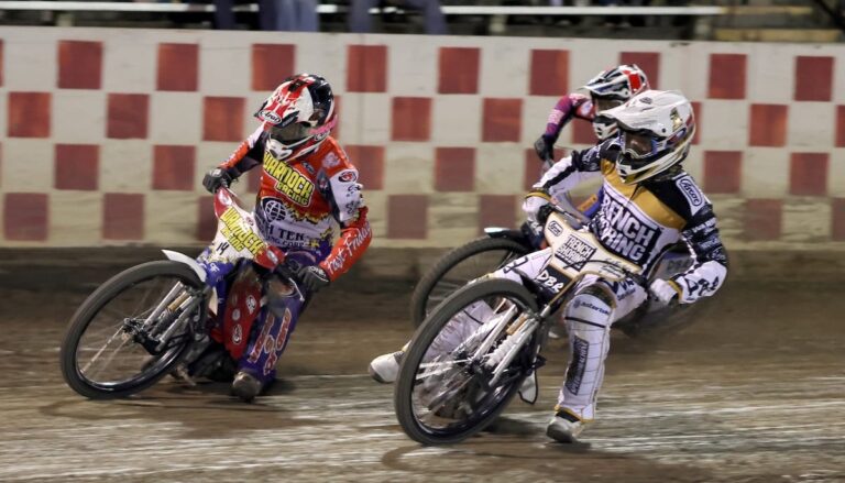 Billy Janniro (left) and Broc Nicol (right) shown in one of the Speedway's Best Pairs heat races. Nicol and his teammate Wilbur Hancock finished first and Janniro and his teammate Darren Armbruster finished second. Sept 13 2025 - Speedway’s Best Pairs Championship this week at the Gold Country Fairgrounds in Auburn, CA.