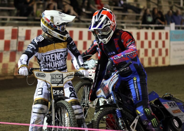 Hancock-Teammates Broc Nicol (left) and Wilbur Hancock (right) have a pre-race strategy conversation at the start line. Nicol and Hancock won the event with 28 points. Sept 13 2025 - Speedway’s Best Pairs Championship this week at the Gold Country Fairgrounds in Auburn, CA.