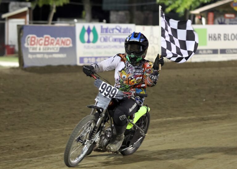 Hank Hanaway takes a victory lap after winning the Youth 150cc D2 main event. Sept 13 2025 - Speedway’s Best Pairs Championship this week at the Gold Country Fairgrounds in Auburn, CA.