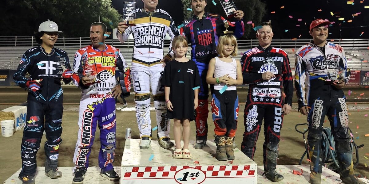 Sept 13 2025 – Speedway’s Best Pairs Championship this week at the Gold Country Fairgrounds in Auburn, CA – 2970 Podium Celebrating their wins in the 2025 Speedway Best Pairs Championship are (left-right) Darren Armbruster and Billy Janniro (second place), Broc Nicol and Wilbur Hancock (first place) and Will McCloskey and Rees Todd (third place). Sept 13 2025 - Speedway’s Best Pairs Championship this week at the Gold Country Fairgrounds in Auburn, CA.