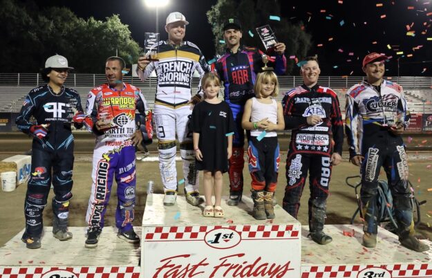 Celebrating their wins in the 2025 Speedway Best Pairs Championship are (left-right) Darren Armbruster and Billy Janniro (second place), Broc Nicol and Wilbur Hancock (first place) and Will McCloskey and Rees Todd (third place). Sept 13 2025 - Speedway’s Best Pairs Championship this week at the Gold Country Fairgrounds in Auburn, CA.