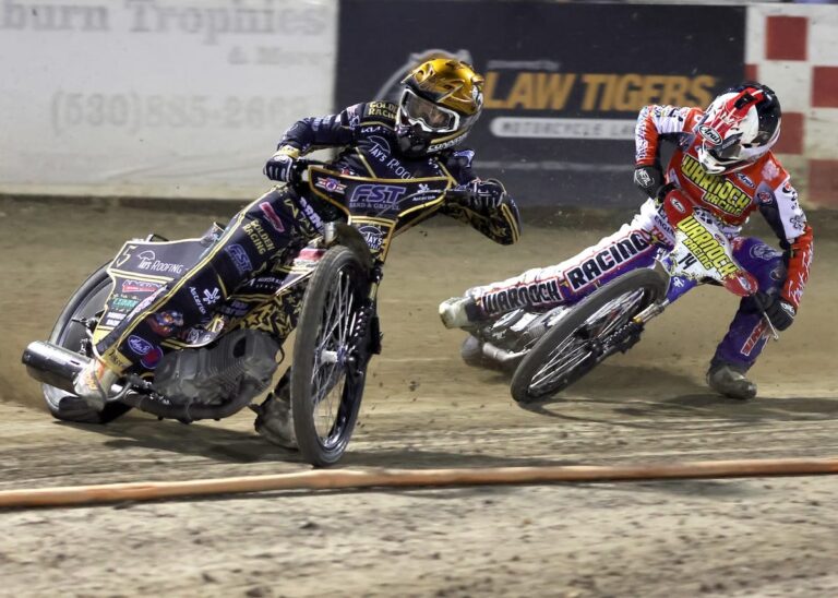 Max Ruml (left) and Billy Janniro (right), both past AMA National Speedway Champions were tough competitors in the championship series. Ruml finished second in the three round series and won round three. Sept 20 2025 - Thrilling third round of the AMA National Speedway Championship at Fast Fridays Motorcycle Speedway in Auburn, CA.