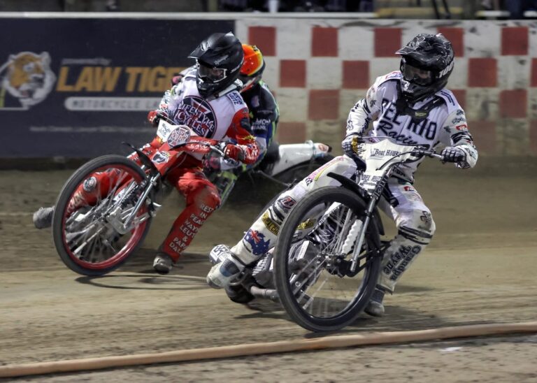 Just inches away the battled through 20 heat races during the third round of the AMA National Speedway Championship. Levi Leutz (left) and Slater Lightcap (right) go at it in a heat race. Lightcap went on to finish third in the third round and third in the championship series. Sept 20 2025 - Thrilling third round of the AMA National Speedway Championship at Fast Fridays Motorcycle Speedway in Auburn, CA.