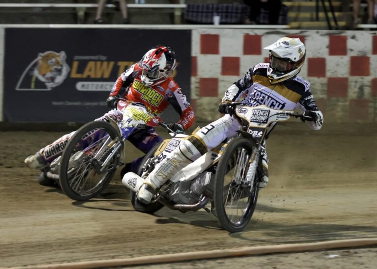 The racing was tight and competitive for the AMA National Speedway Championship Saturday night at Fast Fridays in Auburn. Shown here Billy Janniro (left) and Broc Nicol (right) in a heat race. Nicol went on the win the three-round national championship series. Sept 20 2025 - Thrilling third round of the AMA National Speedway Championship at Fast Fridays Motorcycle Speedway in Auburn, CA.