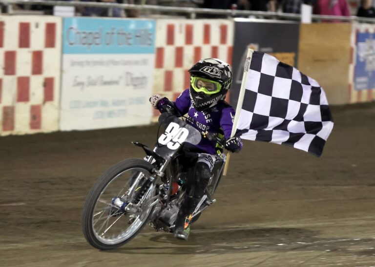 Liam Falcon was the winner of the Youth 150cc D1 main event. Shown here Falcon takes a victory lap. Sept 20 2025 - Thrilling third round of the AMA National Speedway Championship at Fast Fridays Motorcycle Speedway in Auburn, CA.