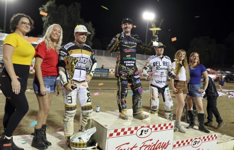 Surrounded by the Fast Fridays Lane girls the third-round championship series winners celebrate their wins. (left-right) Second place finisher Broc Nicol, third round winner Max Ruml and third place winner Slater Lightcap. Sept 20 2025 - Thrilling third round of the AMA National Speedway Championship at Fast Fridays Motorcycle Speedway in Auburn, CA.