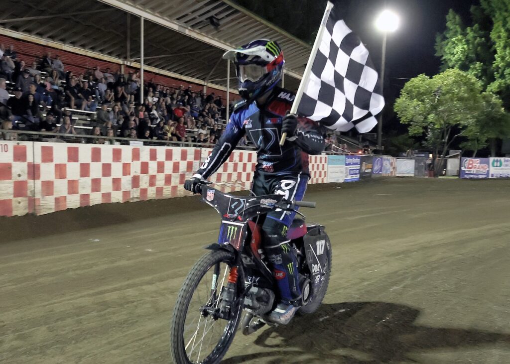 Wilbur Hancock, celebrates his win in the handicap main event Friday night. May 22 2026 - Great opening night for Fast Friday’s Motorcycle Speedway in Auburn, CA.