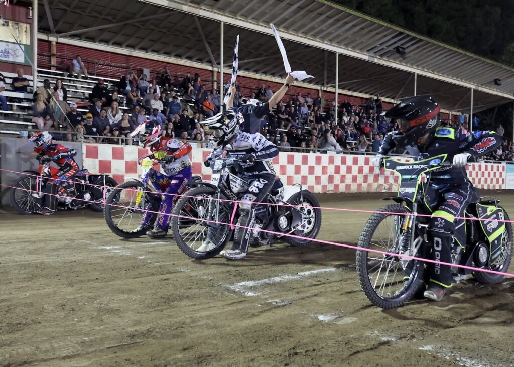 Scratch Start-The start of the scratch main event opening night of the Fast Friday's 2026 season. Broc Nicol (second from right) won the main and picked up his first win of the season. May 22 2026 - Great opening night for Fast Friday’s Motorcycle Speedway in Auburn, CA.
