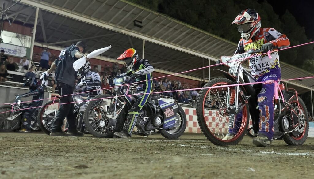The start of the scratch main event. From (left-right) Darren Armbruster, Broc Nicol, Danny Faria and Billy Janniro. Nicol picked up the win on a vintage motorcycle, his fourth scratch main event win of the season. Jun 19 2026 - 2026 Speedway & Legends & Vintage Night.
