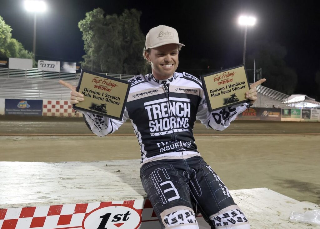 Broc Nicol celebrates his double-double wins Friday night. Nicol won both the scratch main event and the handicap main event. He is the first rider this season to accomplish this feat at Fast Fridays this season. Jun 19 2026 - 2026 Speedway & Legends & Vintage Night.
