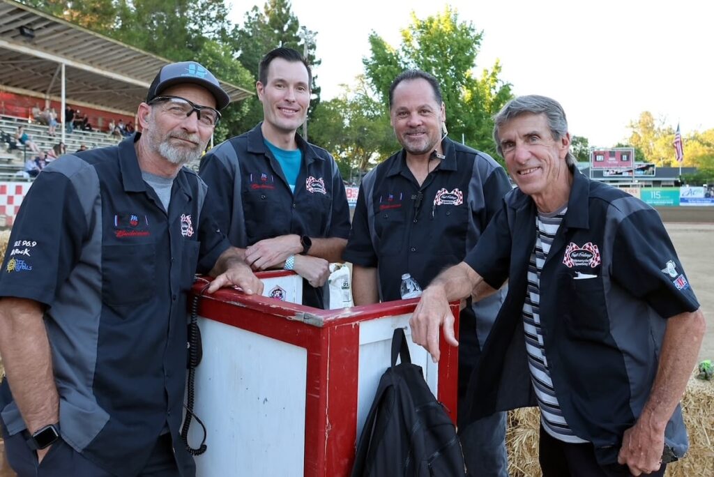 The officiating crew at Fast Fridays are (left-right) Shawn Jay-Starter, Jesse Shaw-Head Turn Marshal, Steve Lucero-Referee and Mike Rooney-Fast Fridays announcer. These talented men keep the races on track each week. June 12 2026 - 2026 Speedway & Team Challenge Round #2.