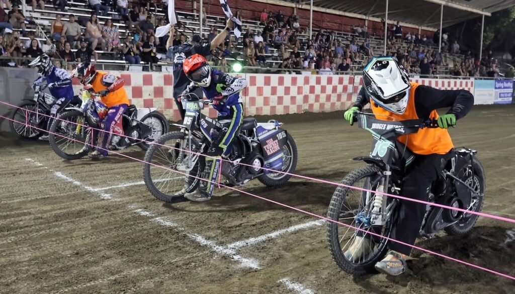 Lining up for the first heat of Team Challenge are (left-right) Broc Nicol, Billy Janniro, Dan Faria and Anthony Dion. Nicol and Faria were riding for IFC and Janniro and Dion were riding for Team Law Tigers. The Law Tigers lead Team IFC 23-13 after two rounds. June 12 2026 - 2026 Speedway & Team Challenge Round #2.