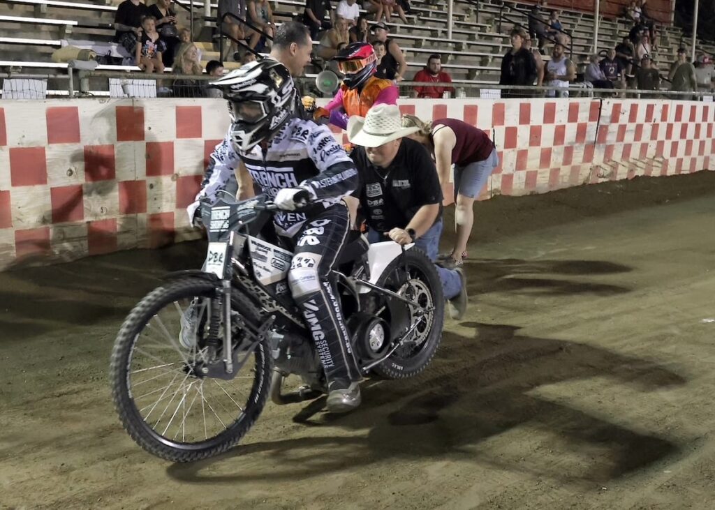 Broc Nicol gets a bump start before the scratch main event. Nicol won the main event and picked up his third main event win of the season. June 12 2026 - 2026 Speedway & Team Challenge Round #2.