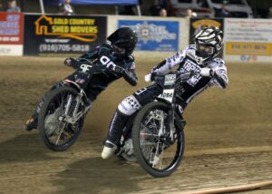 Darren Armbruster (left) and Broc Nicol (right) mix it up in a heat race Friday night. Armbruster won the handicap main event and Nicol won the scratch main event. June 5 2026 - 2026 Speedway & Extreme Sidecars Round #1.