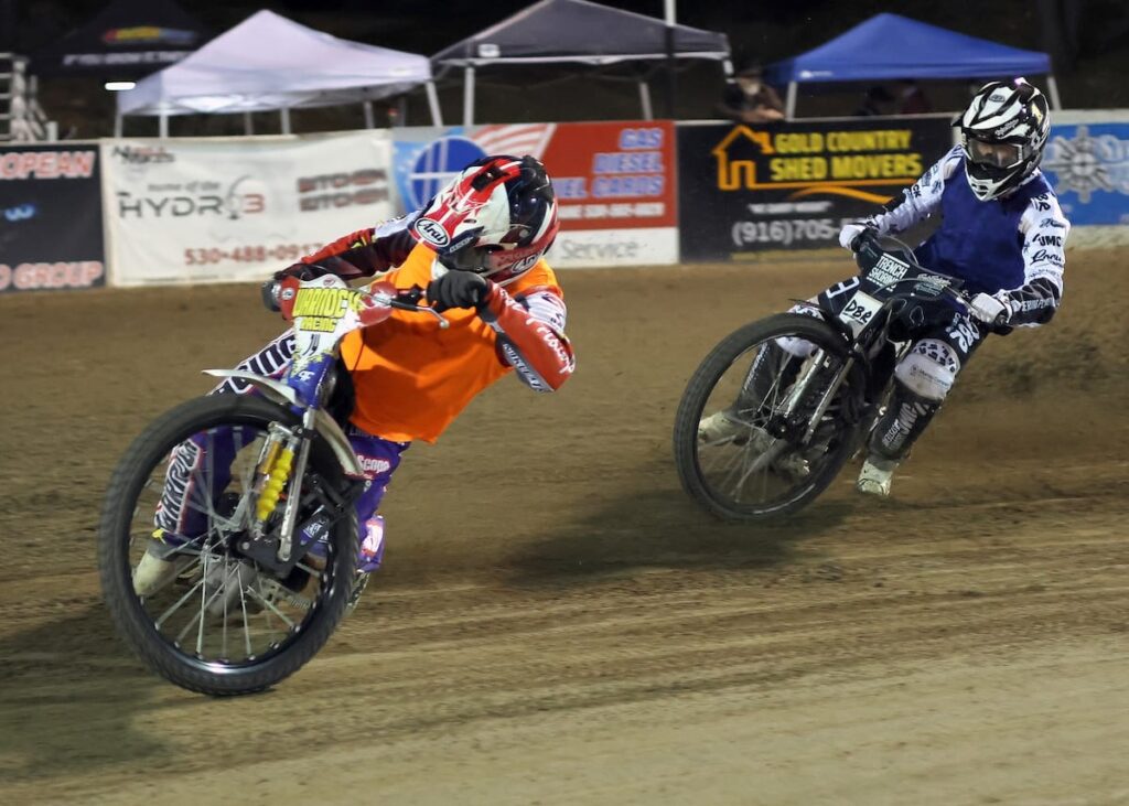 Billy Janniro (left) and Broc Nicol (right) riding for their team's race in the first round of the Team Challenge. Janniro's team scored 12 points and Nicol's team 6 points. In this heat Janniro scored three and Nicol scored two. May 29 2026 - 2026 Speedway & Team Challenge Round #1.
