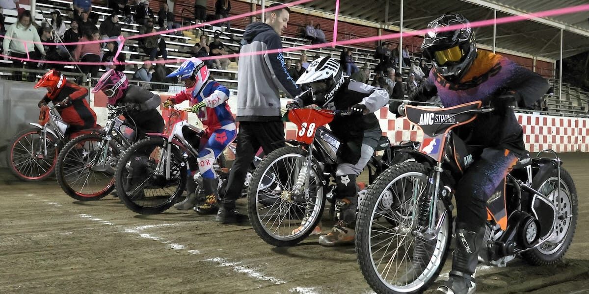 May 29 2026 – 2026 Speedway & Team Challenge Round #1 – 8150 D2 Start The start of the Youth 250cc D2 main event. Justin Gist (far right) riding out of lane one won the race. Gist won all his races including the main event. May 29 2026 - 2026 Speedway & Team Challenge Round #1.