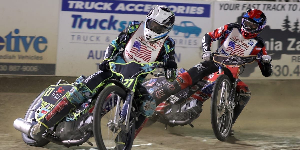 South rider Chris Kerr and North rider Timmy Dion are tight in a corner during a heat race. Extremely skilled riders on both teams rode just inches from each other during the North vs. South Challenge Friday night. July 17 2026 - 2026 Budweiser’s North vs. South Challenge.