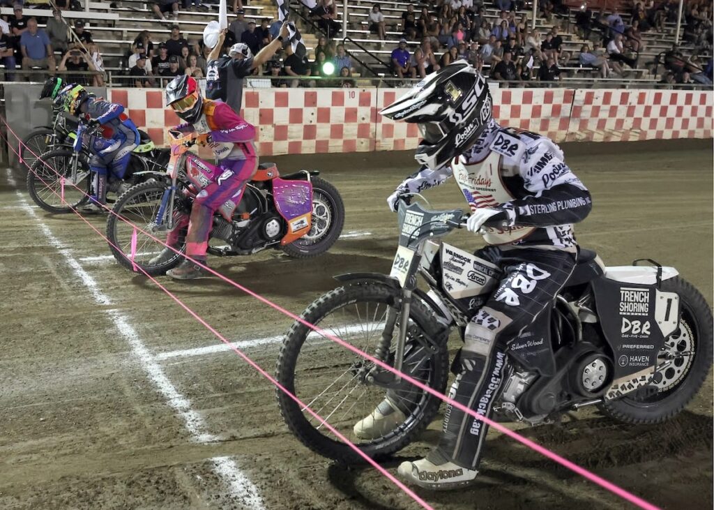 The start of the Grand Final, the last race of the evening. Riders (left-right) are Brady Landon, Louie Mersaroli, Russell Green and Broc Nicol. Nicol scored 19 points for the South team. July 17 2026 - 2026 Budweiser’s North vs. South Challenge.