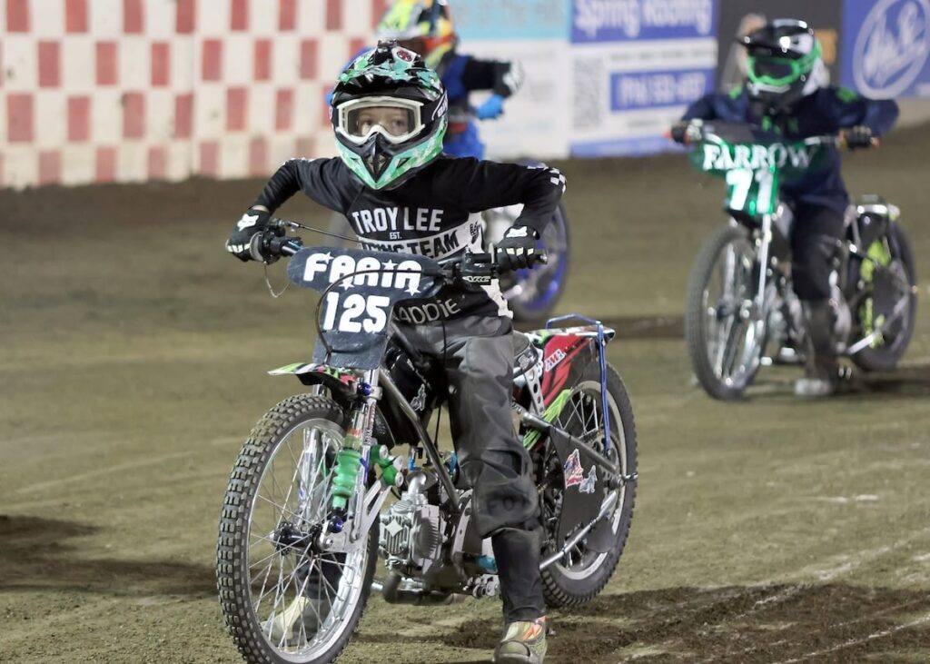Ryder Faria is ready at the start line for the Youth 150cc D2 main event. Faria went on to win the main event, his second of the season. July 24 2026 - 2026 Speedway & Team Challenge Round #5.