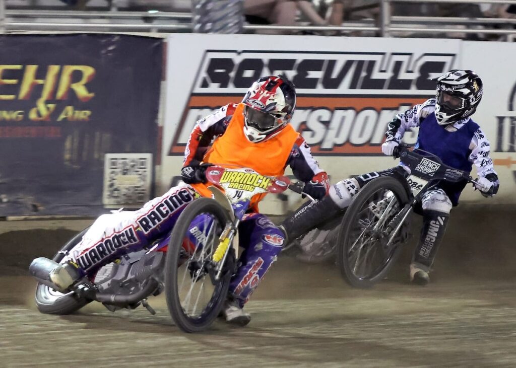 Billy Janniro (left) and Broc Nicol (right) race in the first heat of the Team Challenge, Janniro for Team Law Tigers and Nicol for Team IFC. Team Law Tigers pulled ahead of Team IFC by one point 47-46. July 24 2026 - 2026 Speedway & Team Challenge Round #5.