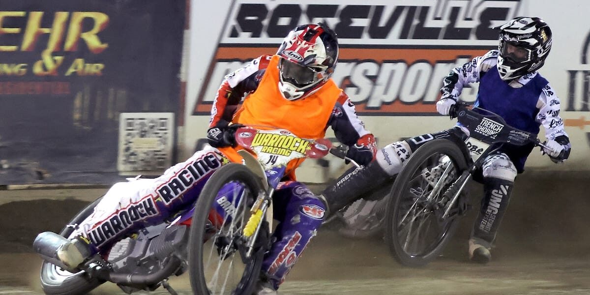Billy Janniro (left) and Broc Nicol (right) race in the first heat of the Team Challenge, Janniro for Team Law Tigers and Nicol for Team IFC. Team Law Tigers pulled ahead of Team IFC by one point 47-46. July 24 2026 - 2026 Speedway & Team Challenge Round #5.