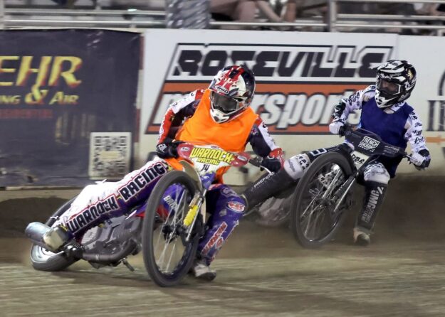 Billy Janniro (left) and Broc Nicol (right) race in the first heat of the Team Challenge, Janniro for Team Law Tigers and Nicol for Team IFC. Team Law Tigers pulled ahead of Team IFC by one point 47-46. July 24 2026 - 2026 Speedway & Team Challenge Round #5.