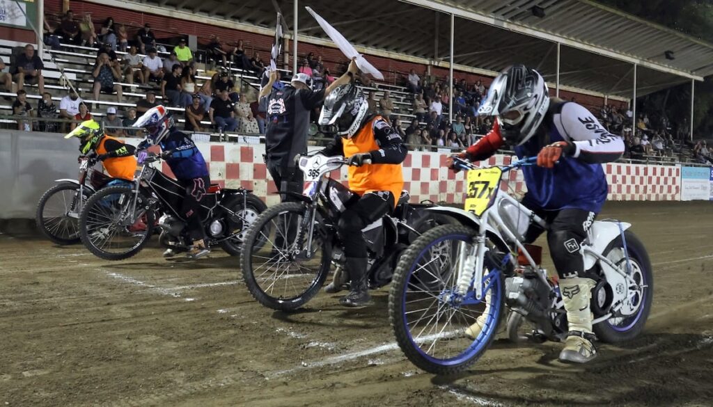 The start of heat three of the Team Challenge. (left-right) Marc Denniston, Catherine Moore, Mike Newnham and Shawn Eldridge. Moore won this heat and scored three points for Team IFC. July 24 2026 - 2026 Speedway & Team Challenge Round #5.