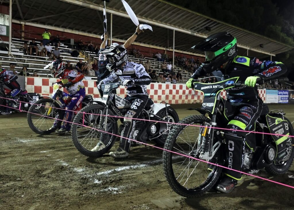 The start of the scratch main event. (left-right) Wilbur Hancock, Billy Janniro, Broc Nicol and Brady Landon. Landon won the scratch main event and he also won the handicap main event. He is one of only two riders to accomplish this feat this season at Fast Friday's. July 24 2026 - 2026 Speedway & Team Challenge Round #5.