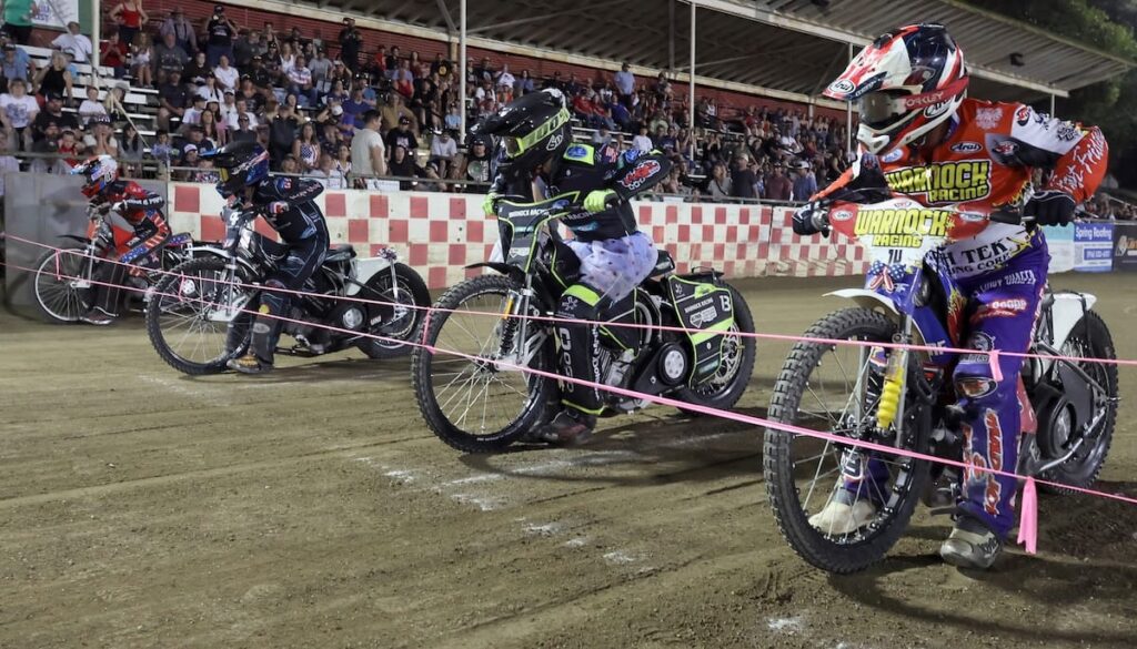 The line-up for scratch main event. (Left-right) Timmy Dion, Darren Armbruster, Brady Landon and Billy Janniro. Landon pulled off the win, his first main event win of the season. July 4 2026 - 2026 Speedway & Extreme Sidecars Round #2.