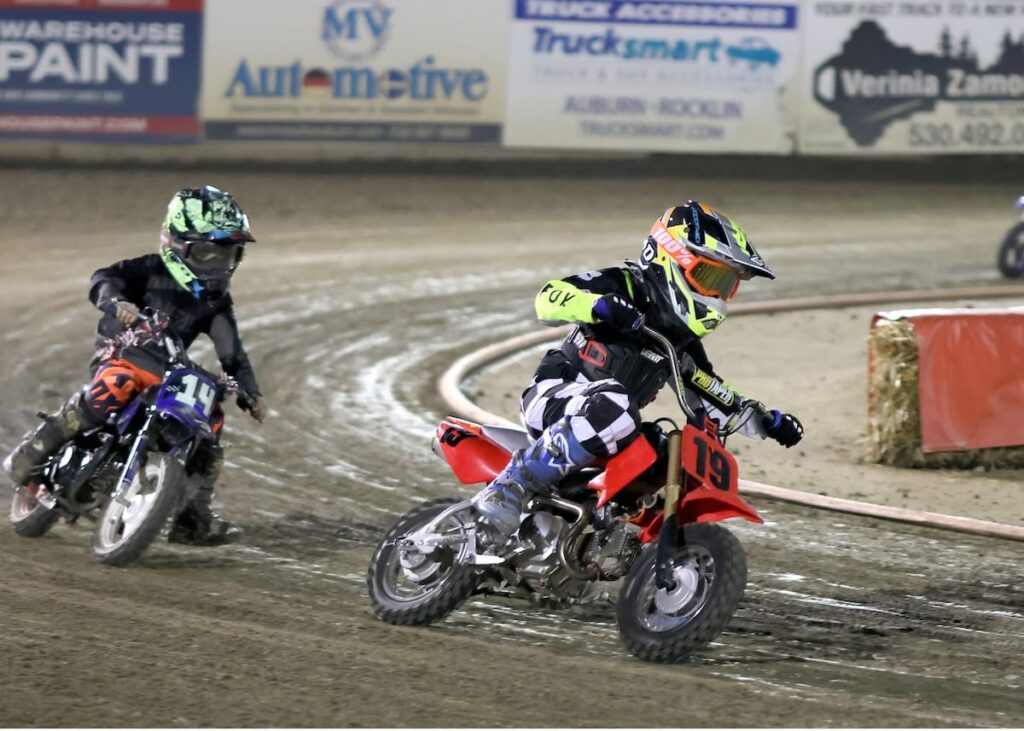 Pee-Wee racing at its best. Ricky Janniro (left) and Dexter Orlando (right) race in a pee-wee heat. Aug 14 2026 - 2026 Speedway Final Points Night & Team Challenge Final.